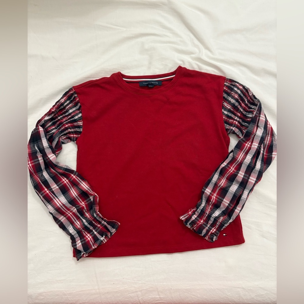 Tommy Hilfiger red sweater with plaid ruched sleeves